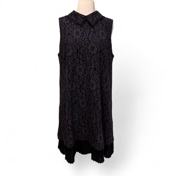 Nanette Lepore Women's Navy Black Dress 14 Pleated Skirt Peter Pan Collar Lace - Picture 2 of 8